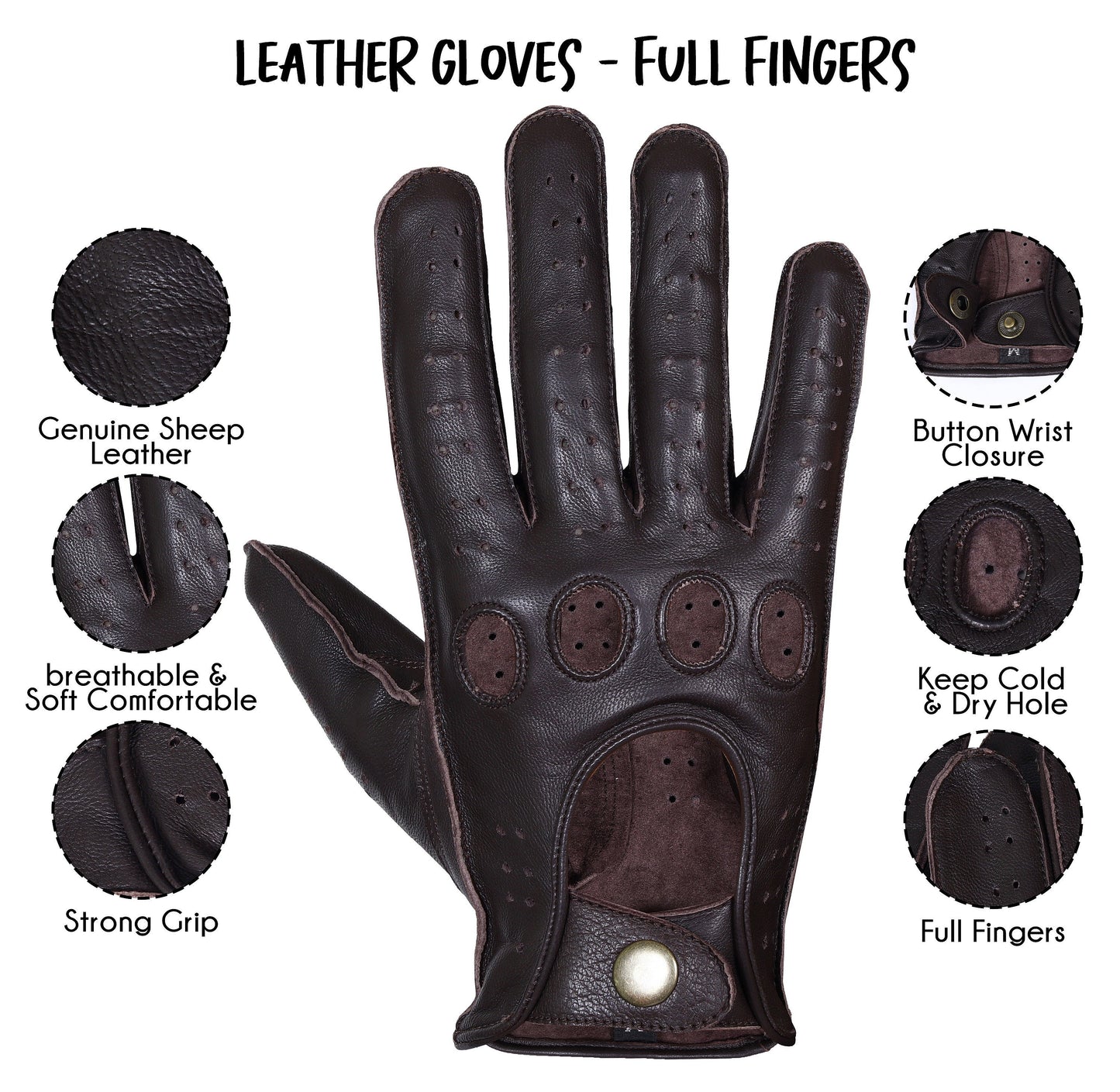 Chocolate Brown Lambskin Knuckle Leather Gloves