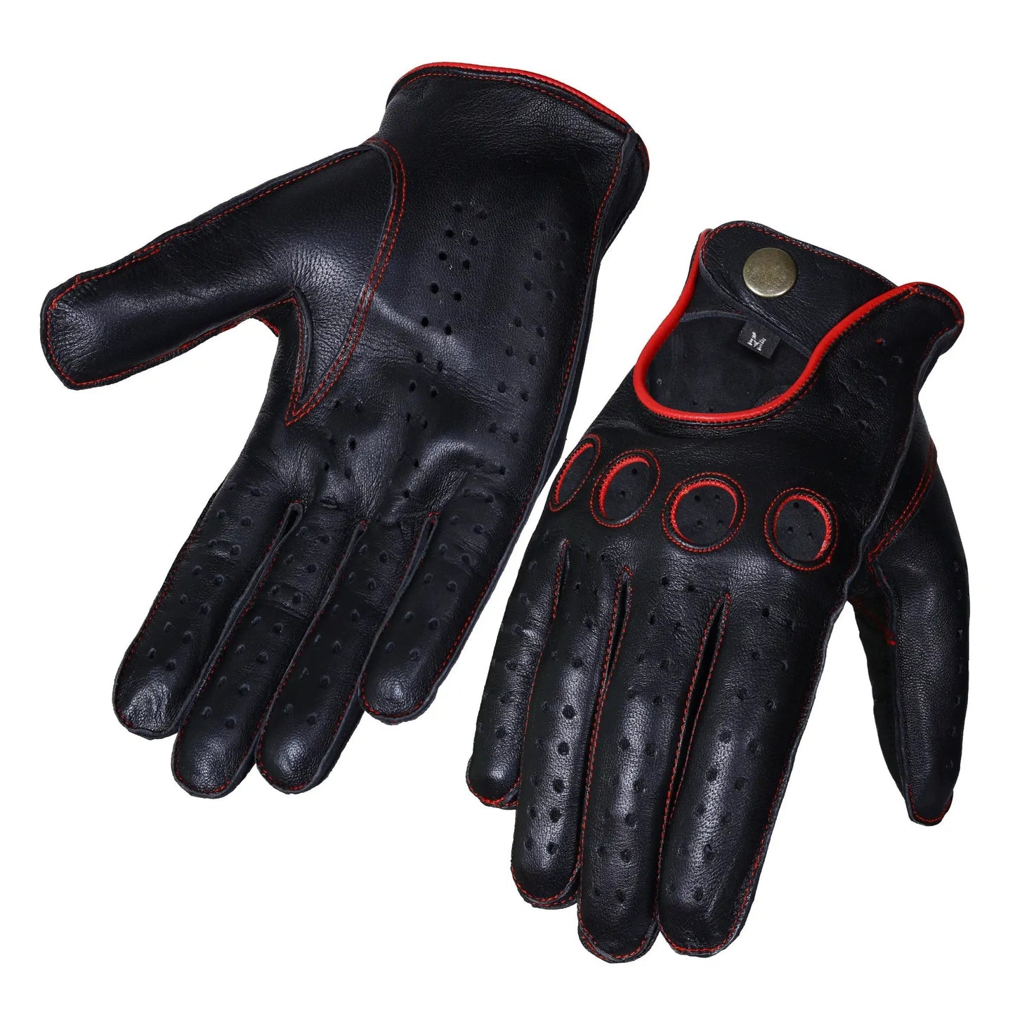 Black Red Lambskin knuckle Leather Gloves