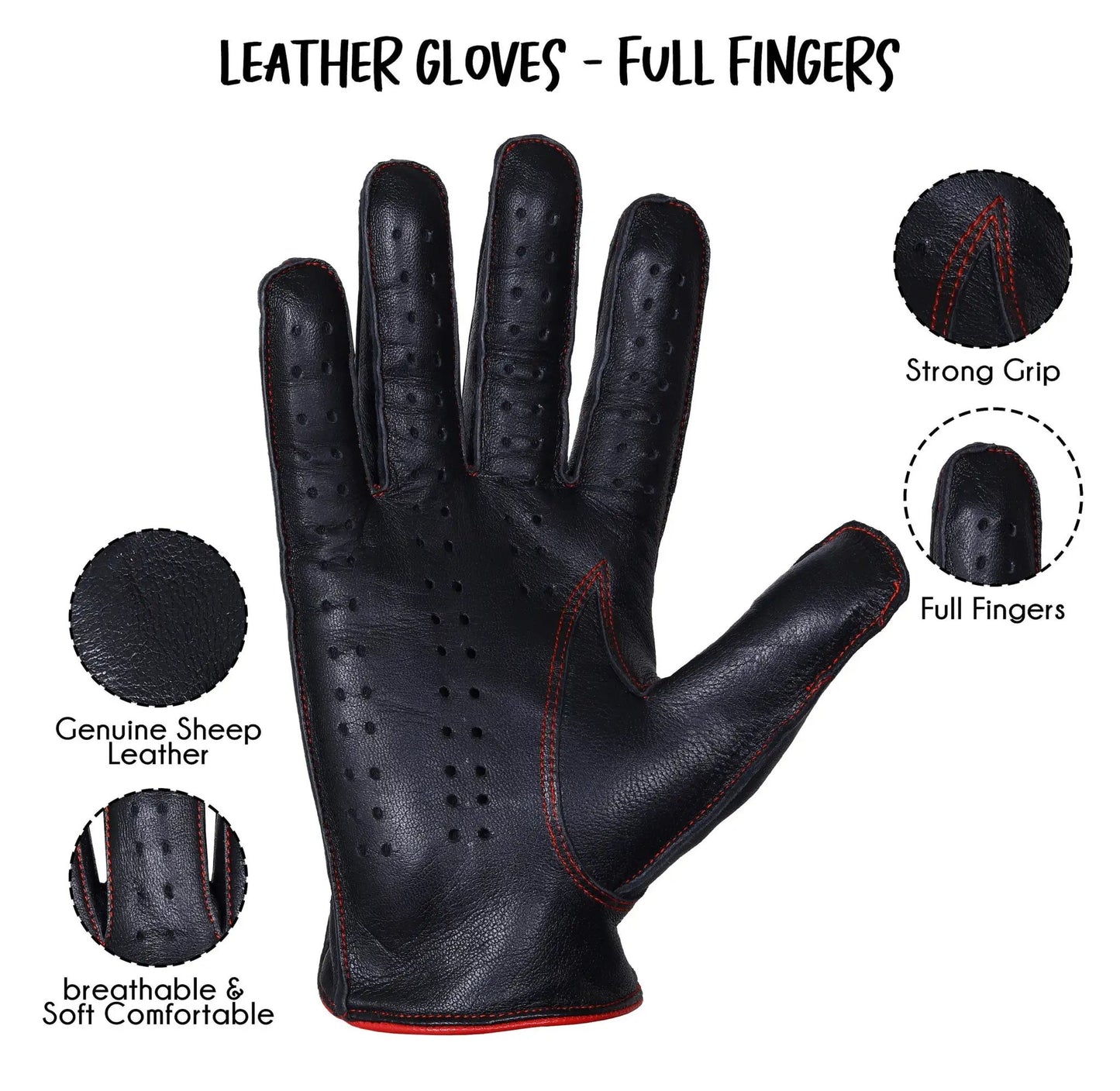 Black Red Lambskin knuckle Leather Gloves