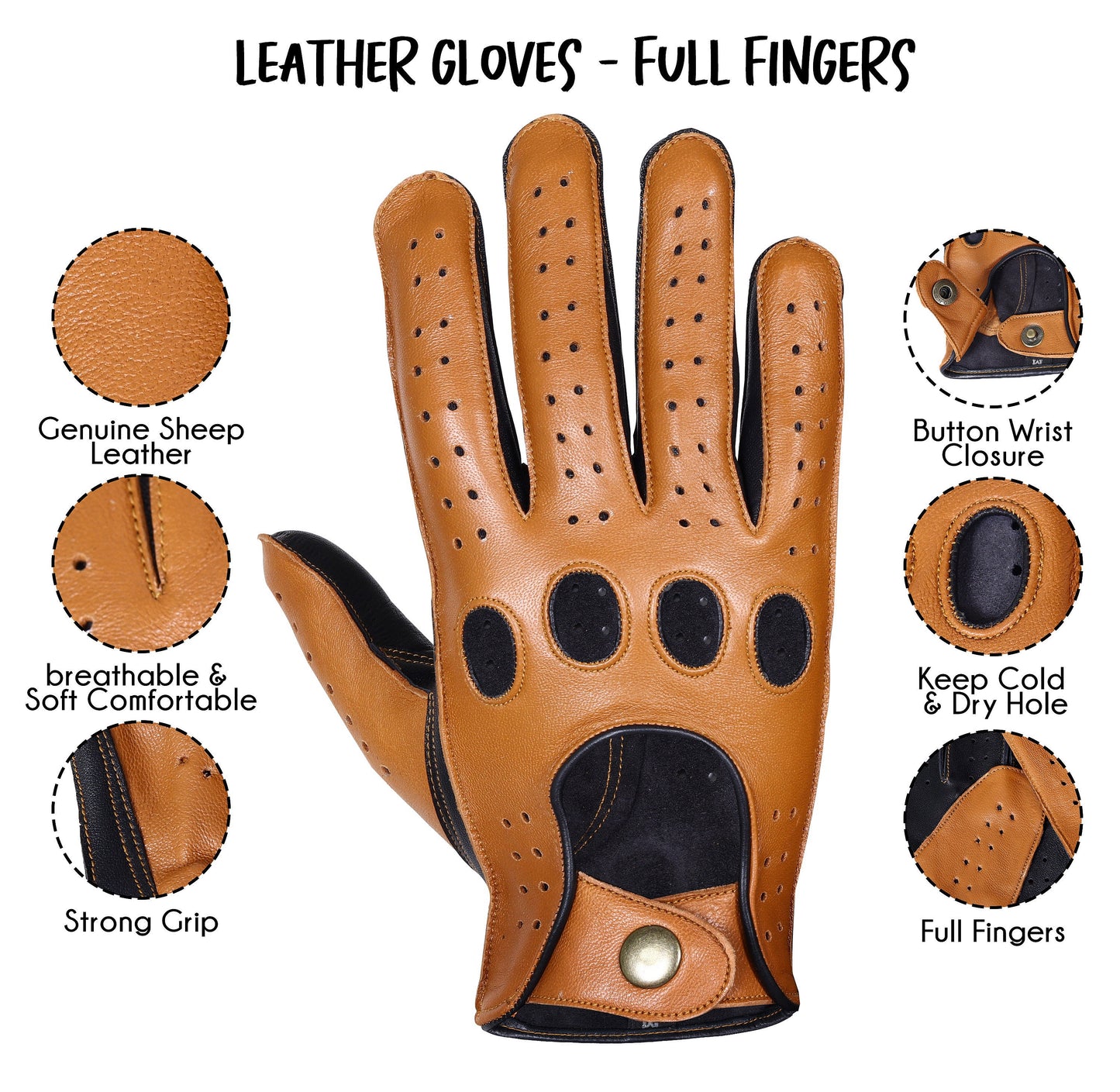 Tan Black Lambskin Knuckle Leather Gloves