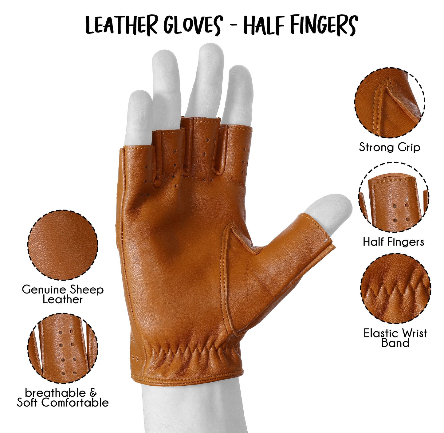 Tan Half finger Lambskin Knuckle Leather Gloves