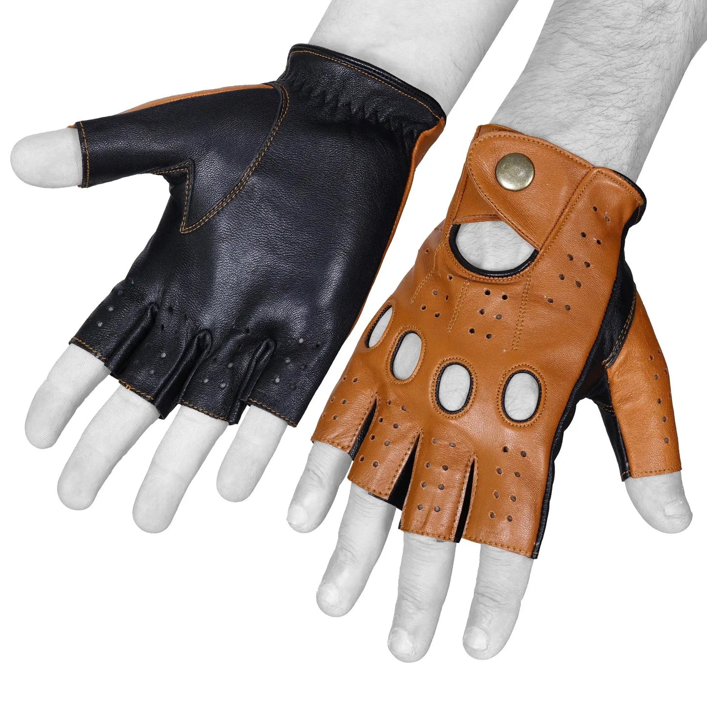 Tan Black Half Finger Lambskin Knuckle Leather Gloves