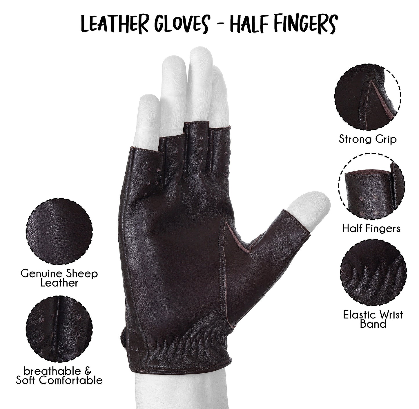 Chocolate Brown Half finger Lambskin Leather Gloves