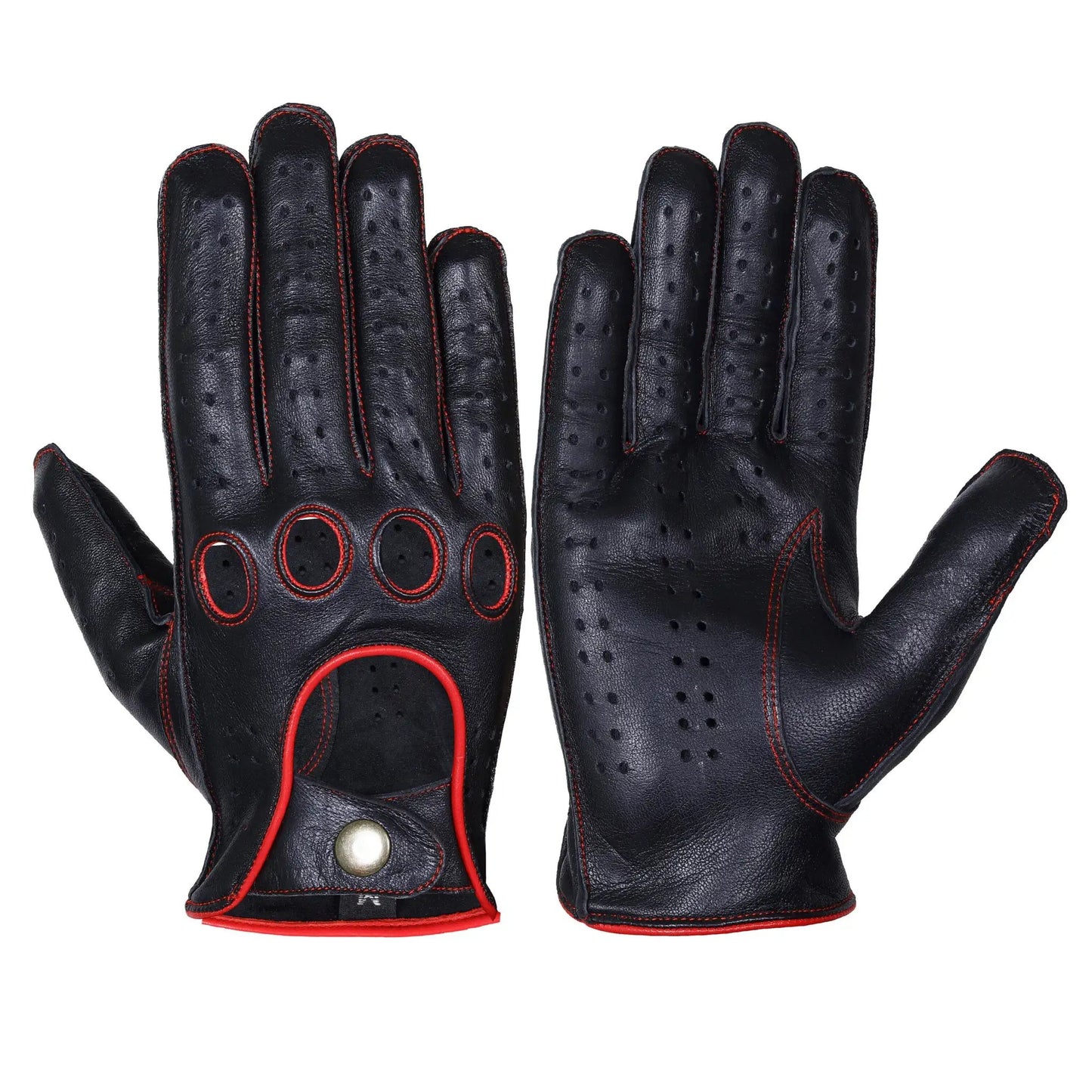 Black Red Lambskin knuckle Leather Gloves