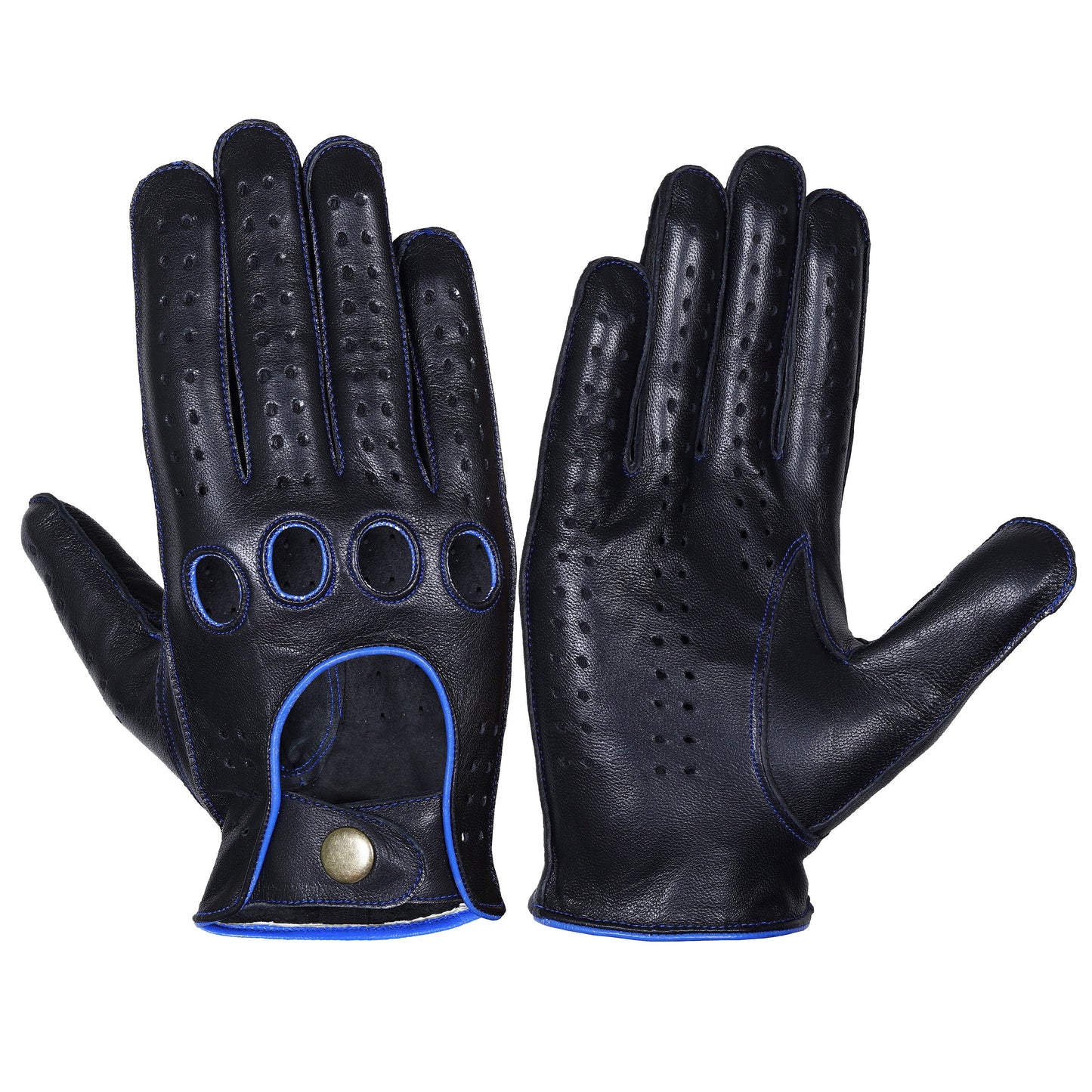 Black Blue Mix Knuckle Driving Gloves Lambskin Leather Gloves