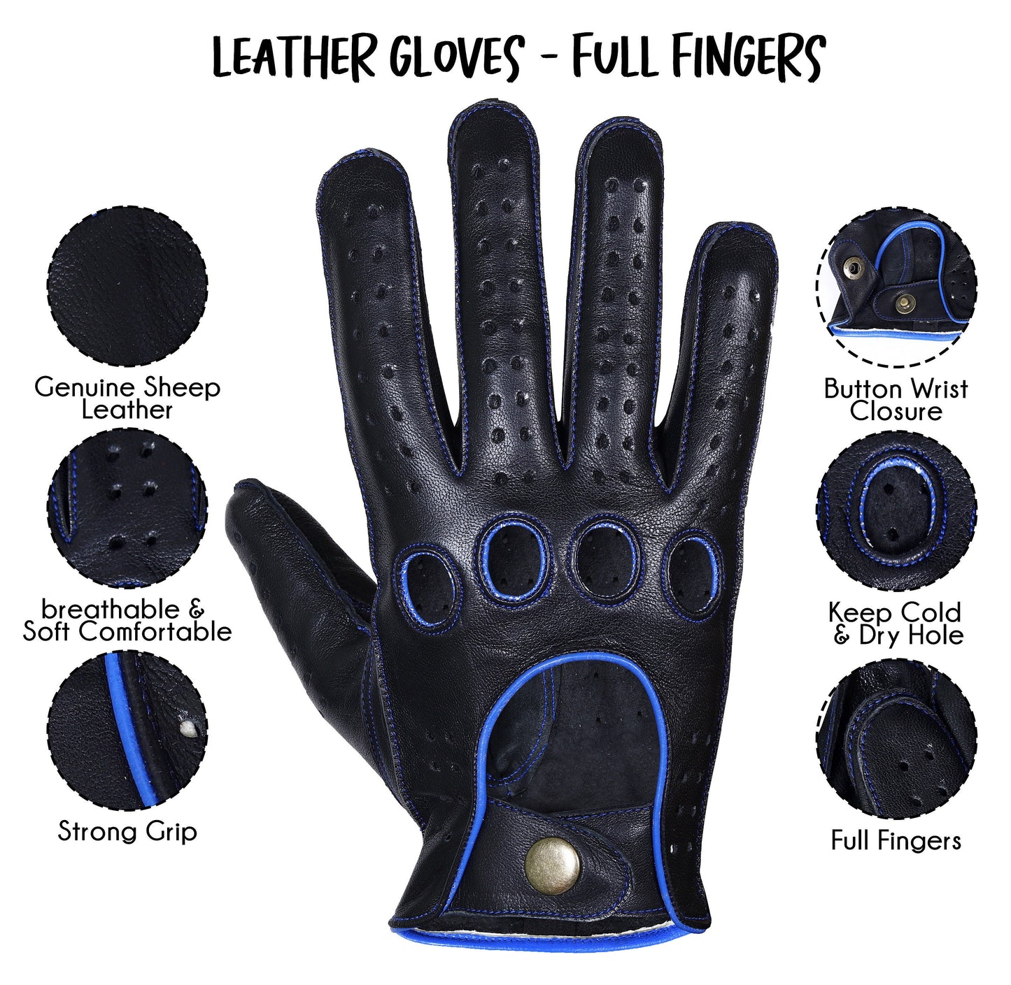 Black Blue Mix Knuckle Driving Gloves Lambskin Leather Gloves