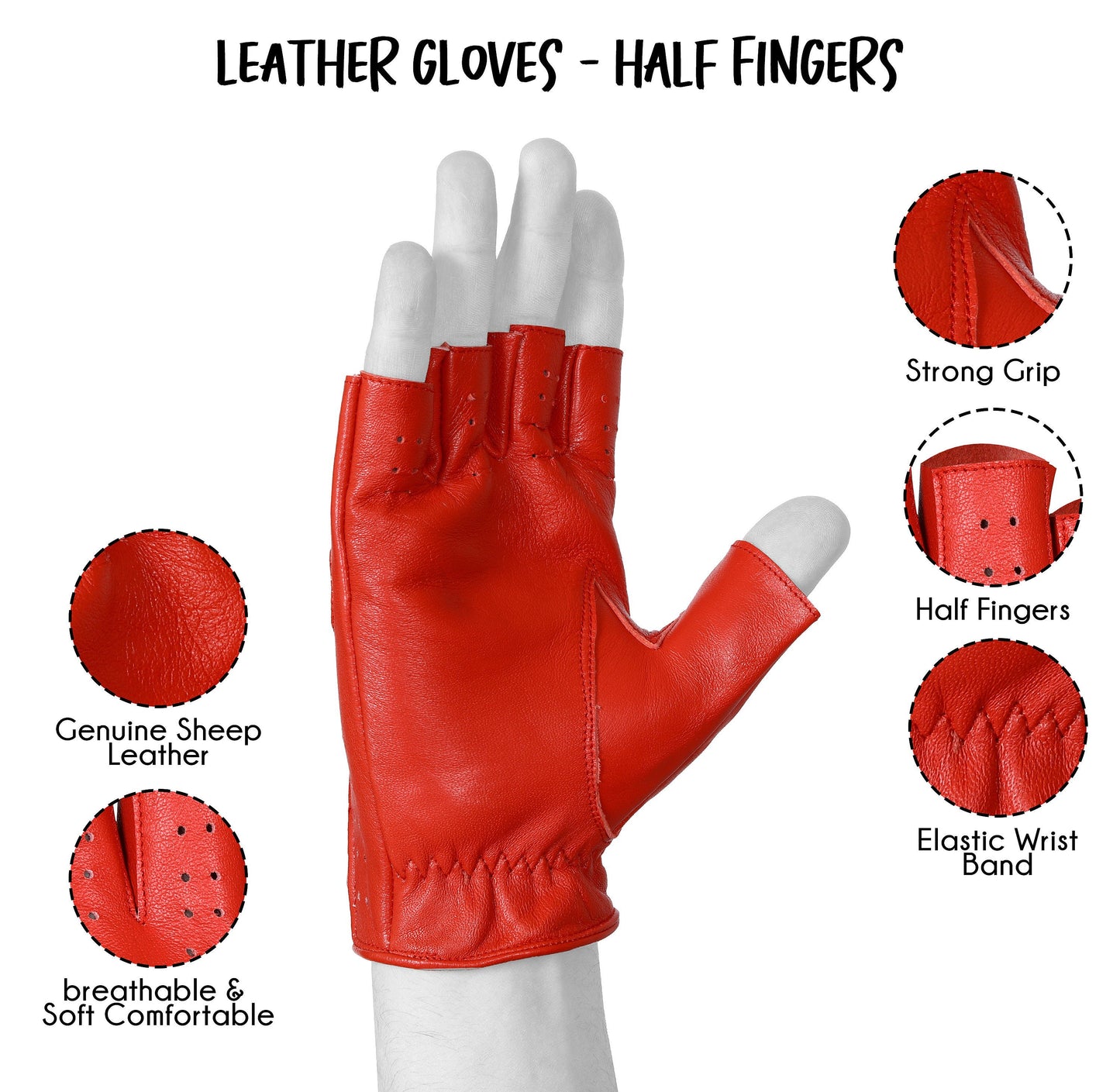 Red Half Finger Lambskin Leather gloves