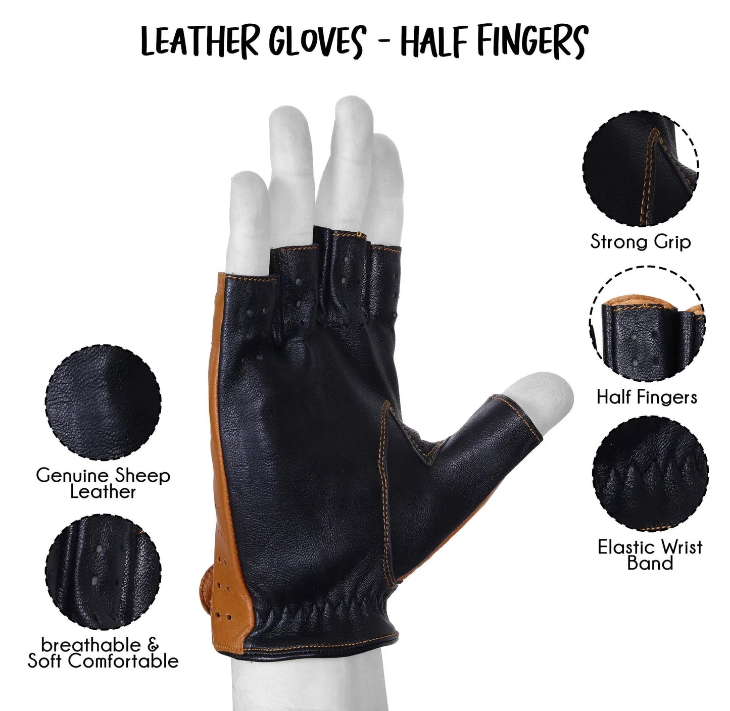 Tan Black Half Finger Lambskin Knuckle Leather Gloves