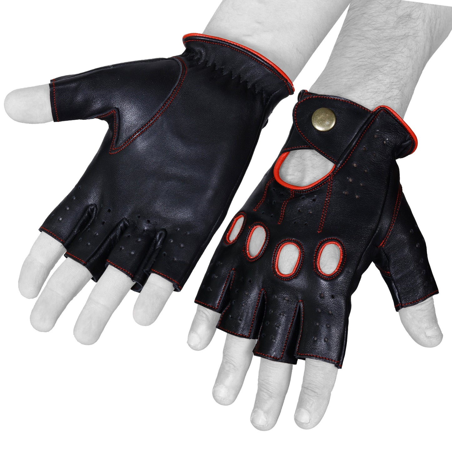 Black Red Half Finger Knuckle Driving Gloves Lambskin Leather Gloves