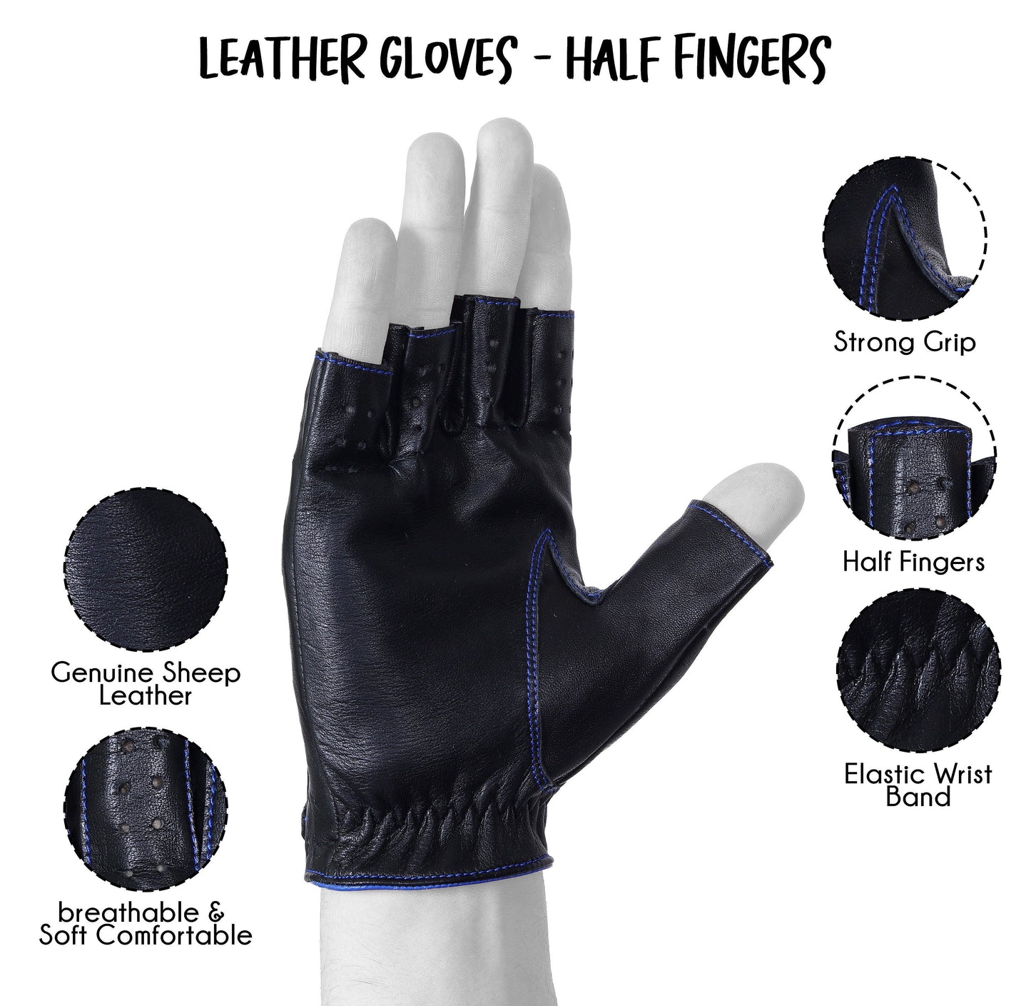 Black Blue Half Finger Knuckle Driving Gloves Lambskin Leather Gloves