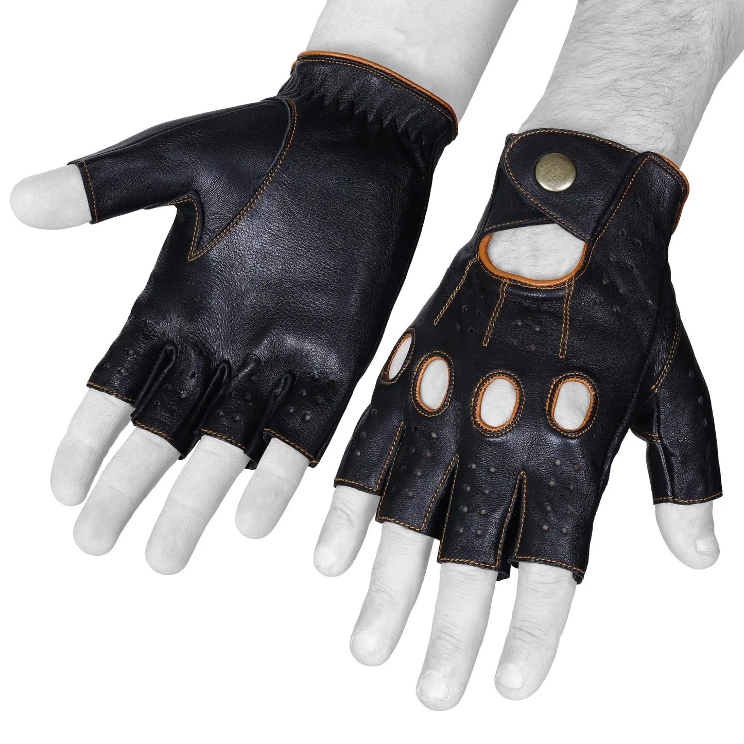 Black Brown Half Finger Lambskin leather Gloves