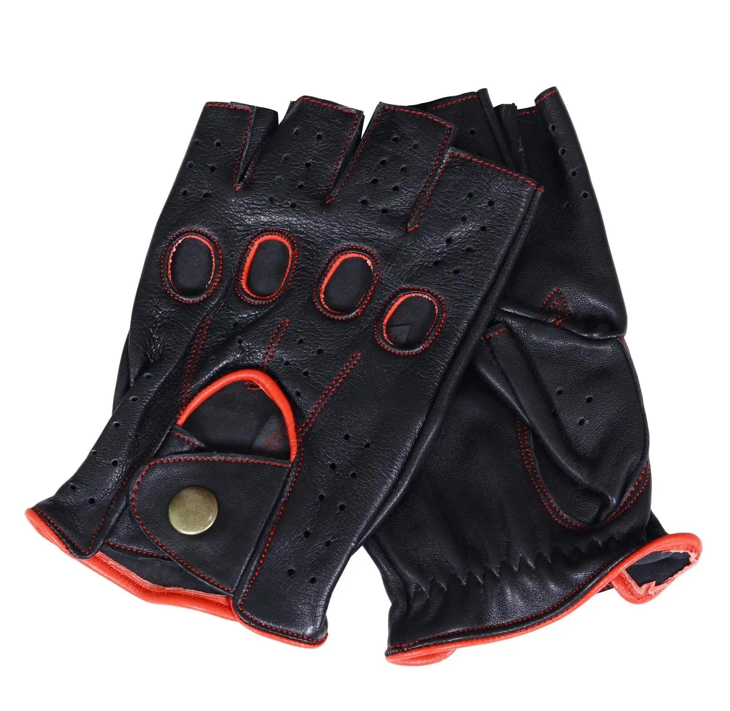 Black Red Half Finger Knuckle Driving Gloves Lambskin Leather Gloves