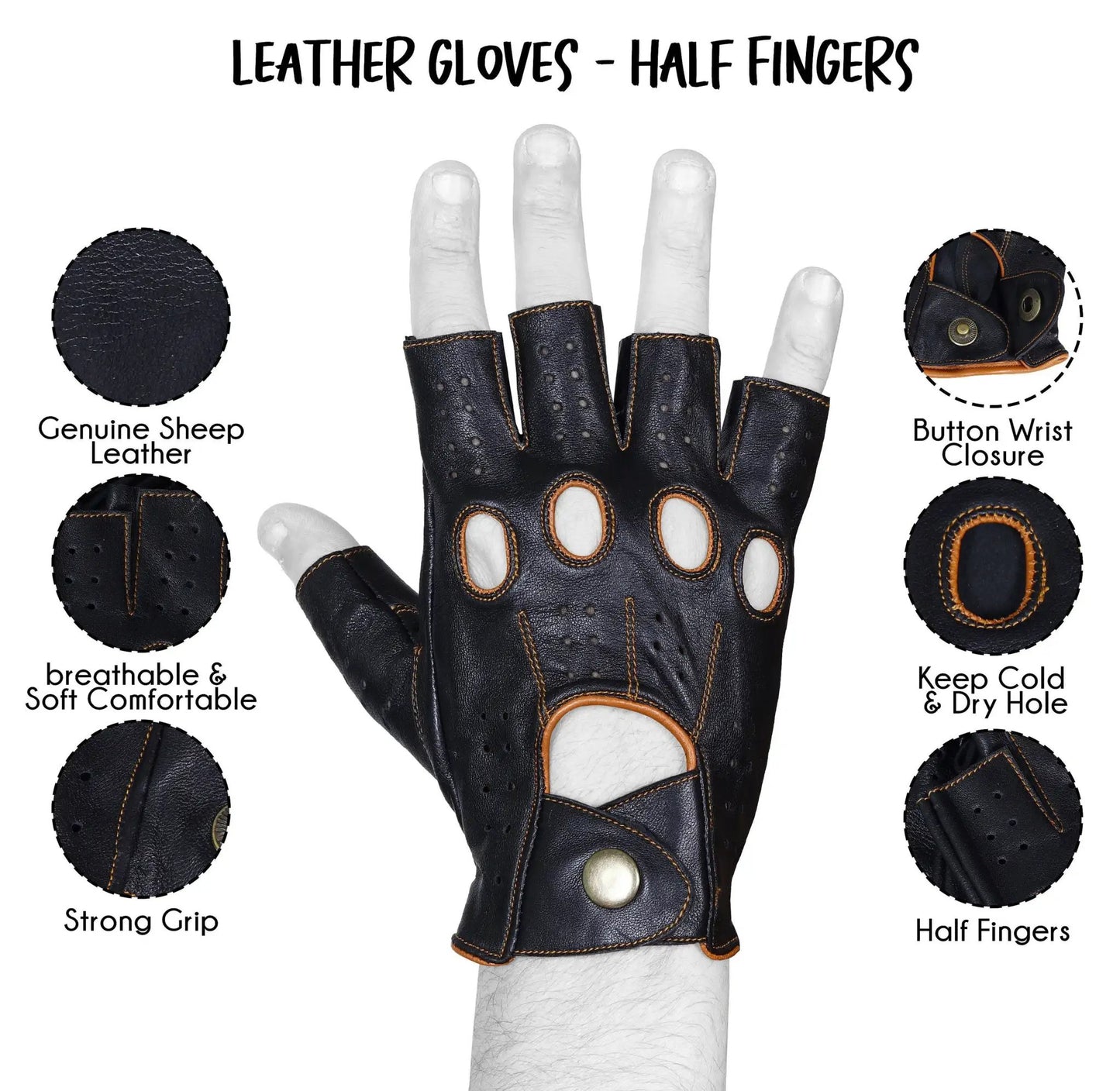 Black Brown Half Finger Lambskin leather Gloves