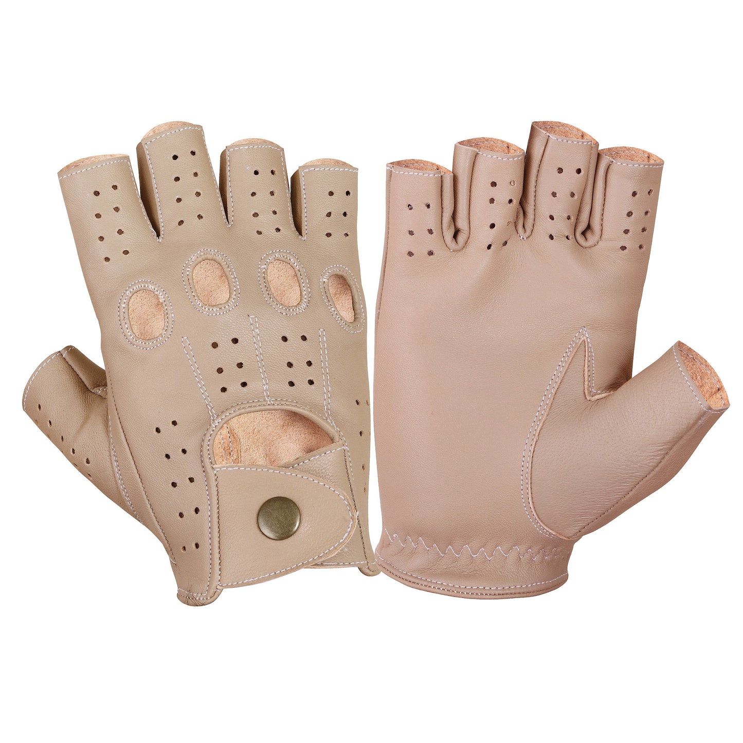 Beige Half Finger Lambskin Knuckle Leather Gloves