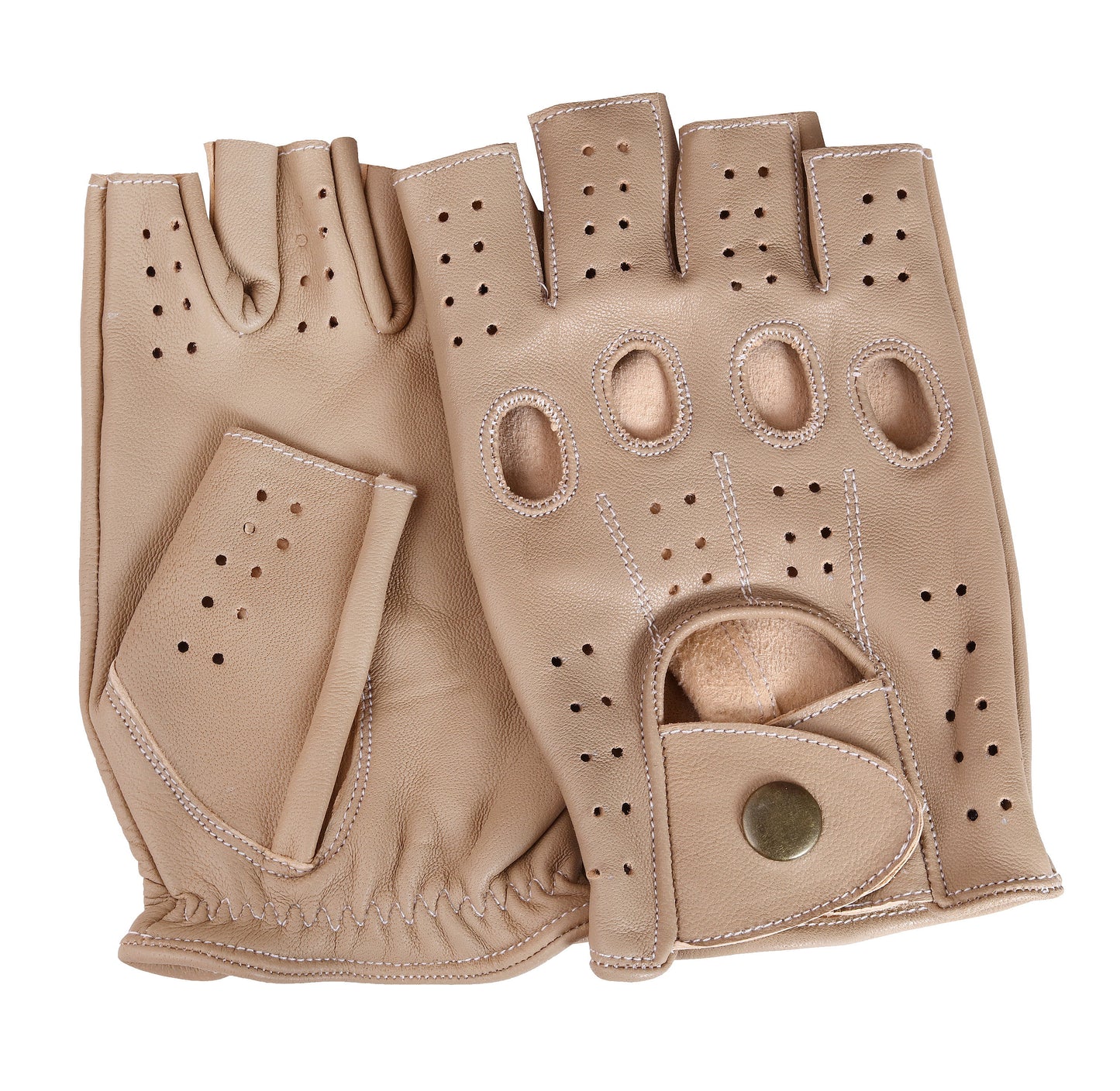 Beige Half Finger Lambskin Knuckle Leather Gloves