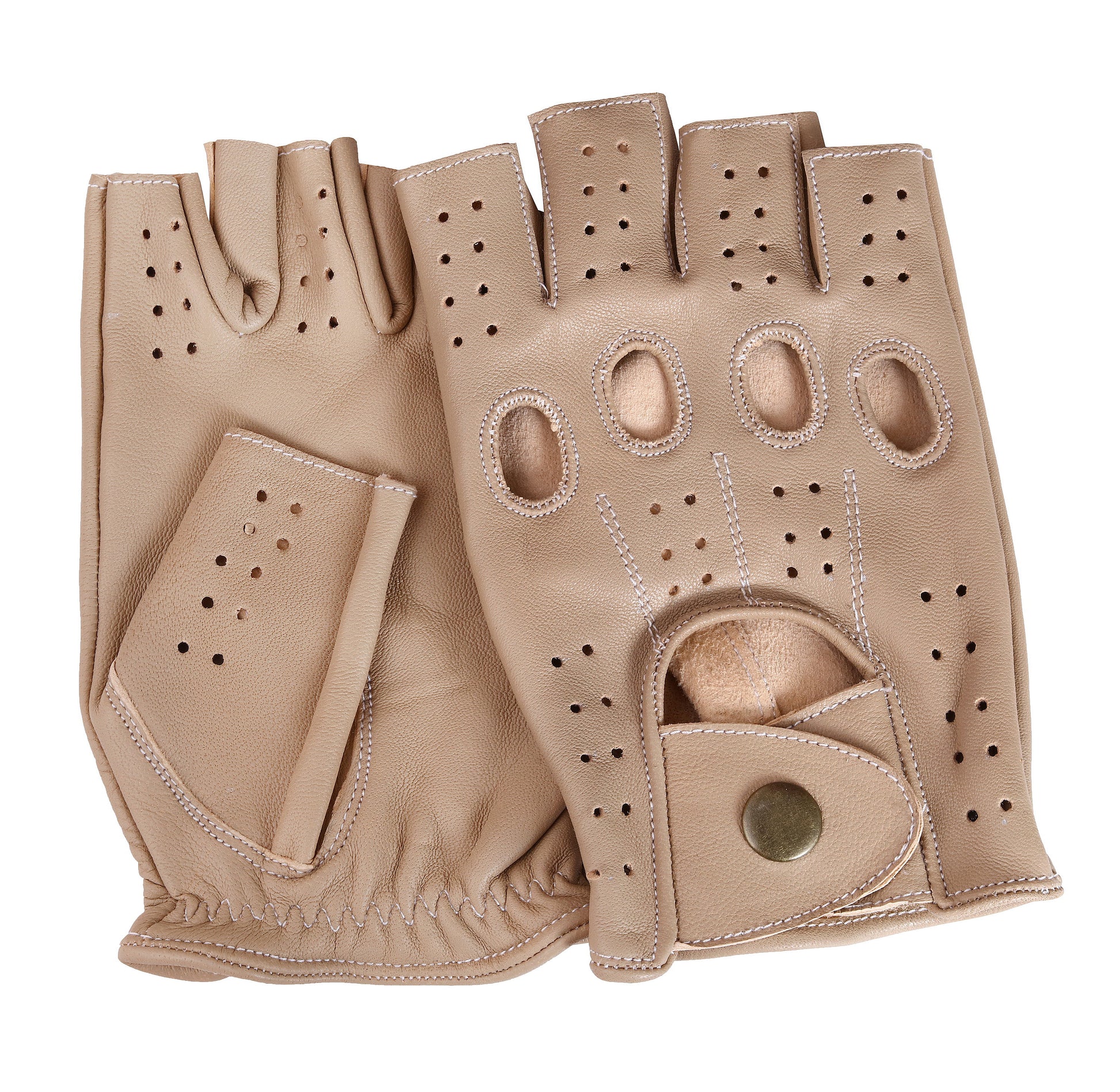 Beige Half Finger Lambskin Knuckle Leather Gloves