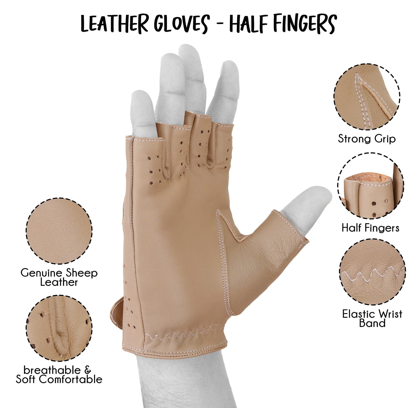 Beige Half Finger Lambskin Knuckle Leather Gloves
