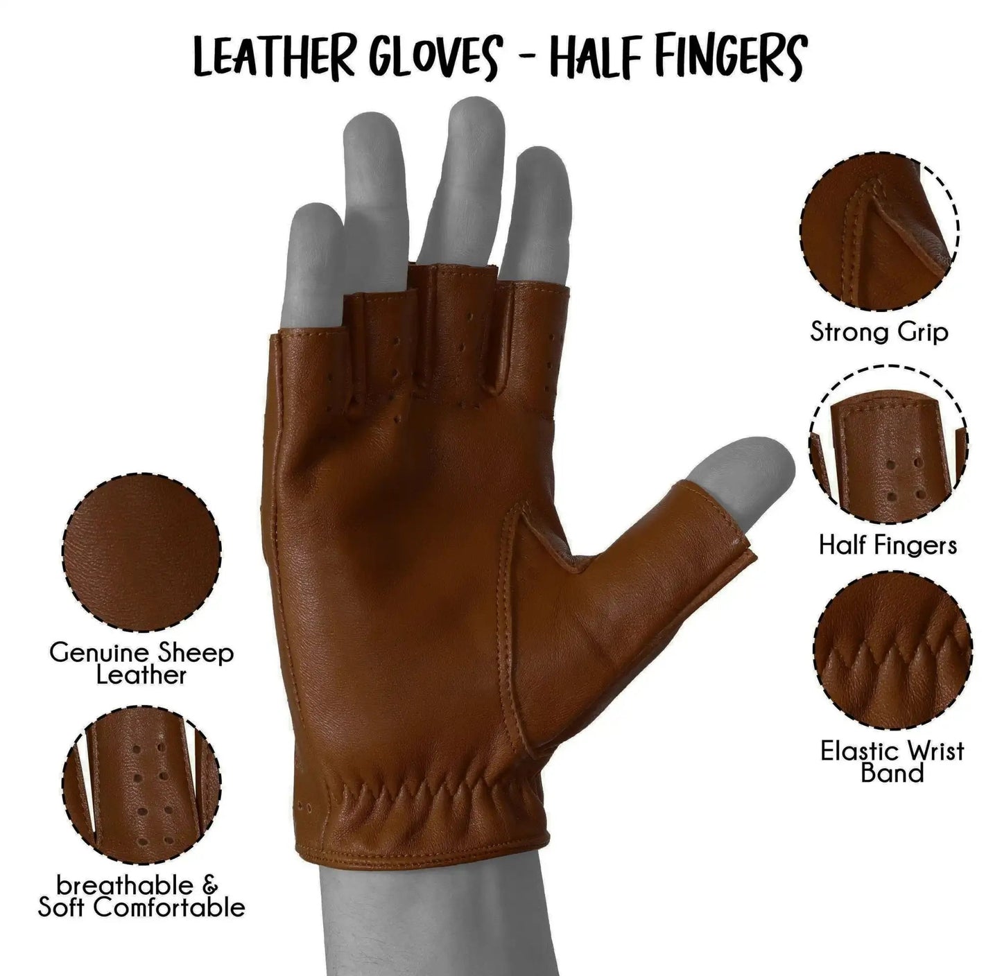 Dark Brown Half Finger Lambskin Leather Gloves
