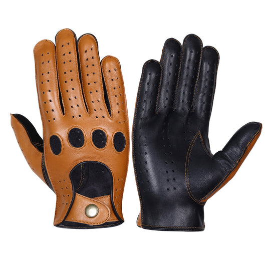 Tan Black Lambskin Knuckle Leather Gloves