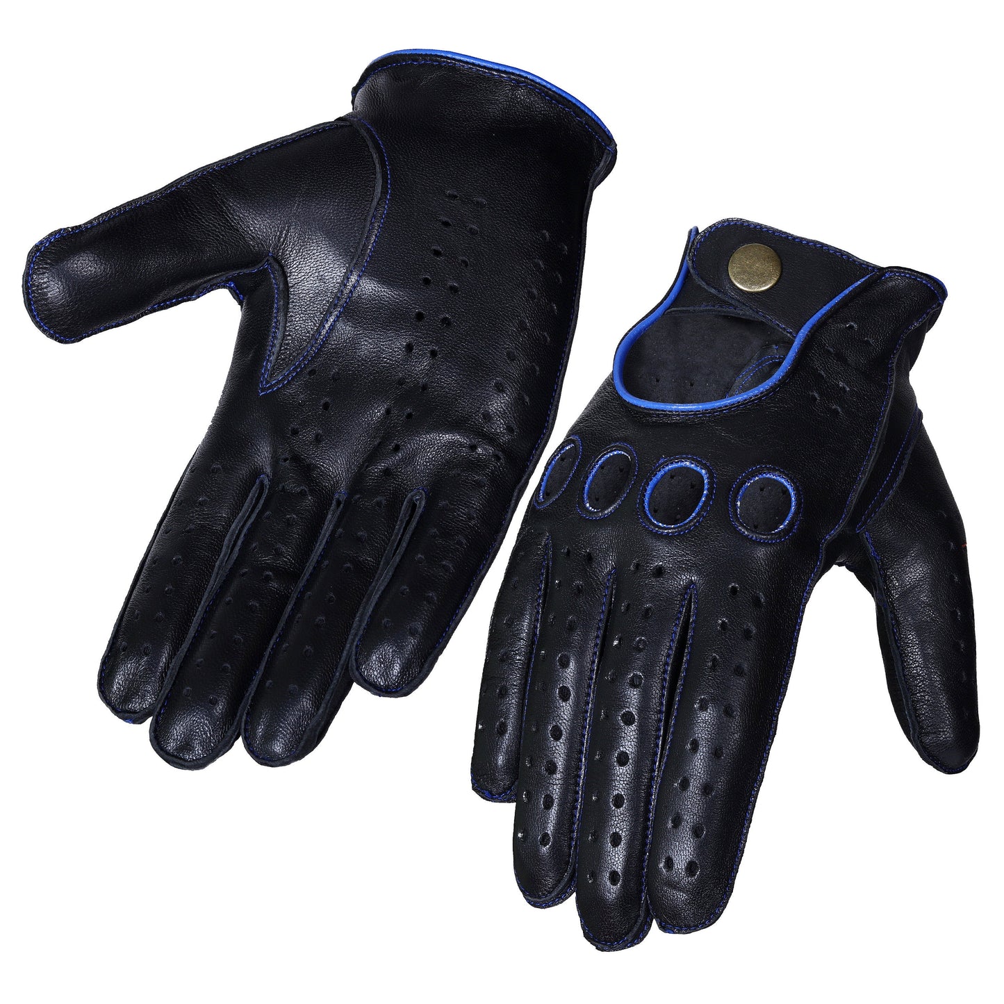 Black Blue Mix Knuckle Driving Gloves Lambskin Leather Gloves