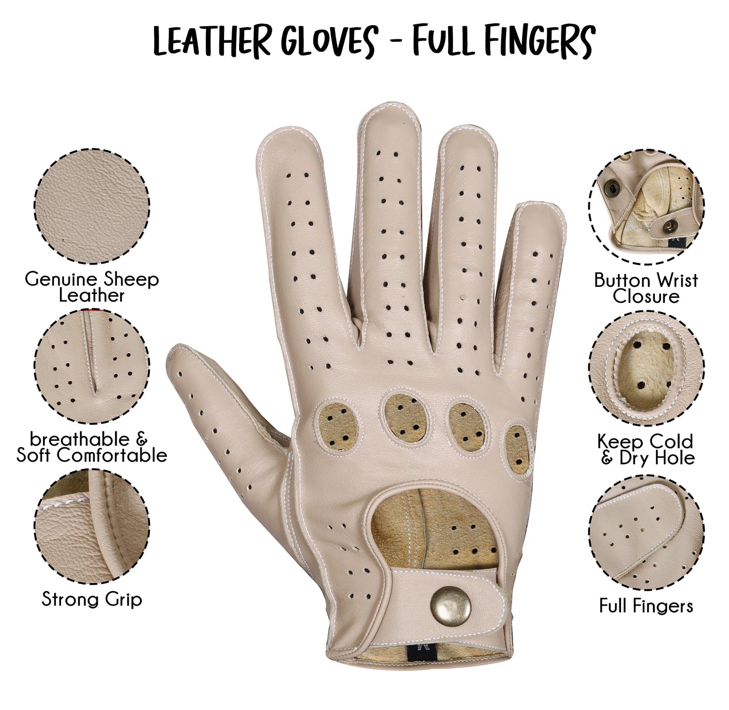 Beige Lambskin Knuckle Leather Gloves