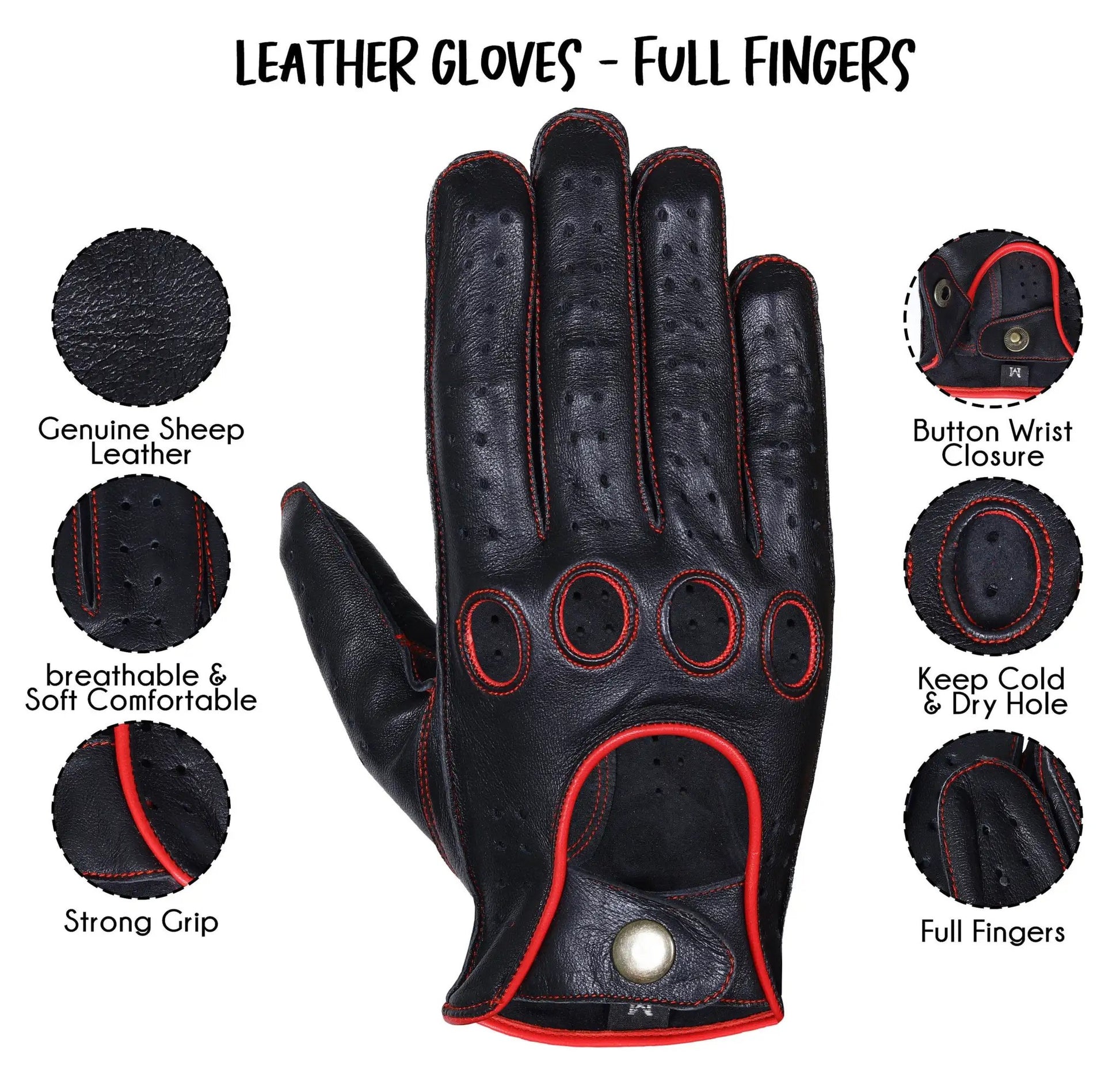 Black Red Lambskin knuckle Leather Gloves