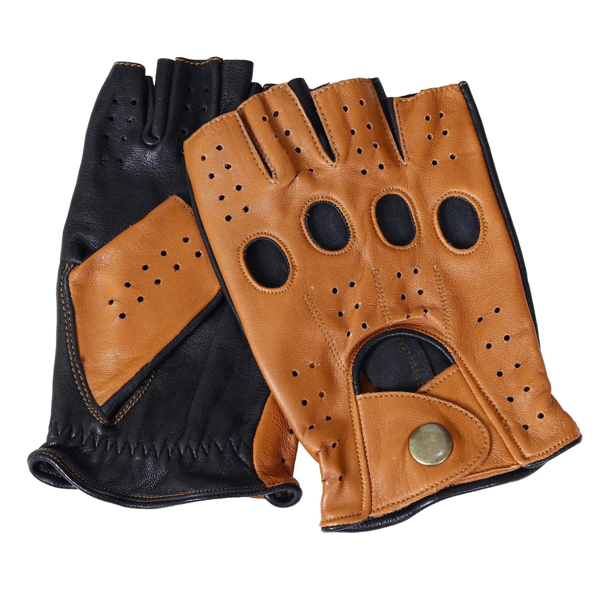 Tan Black Half Finger Lambskin Knuckle Leather Gloves