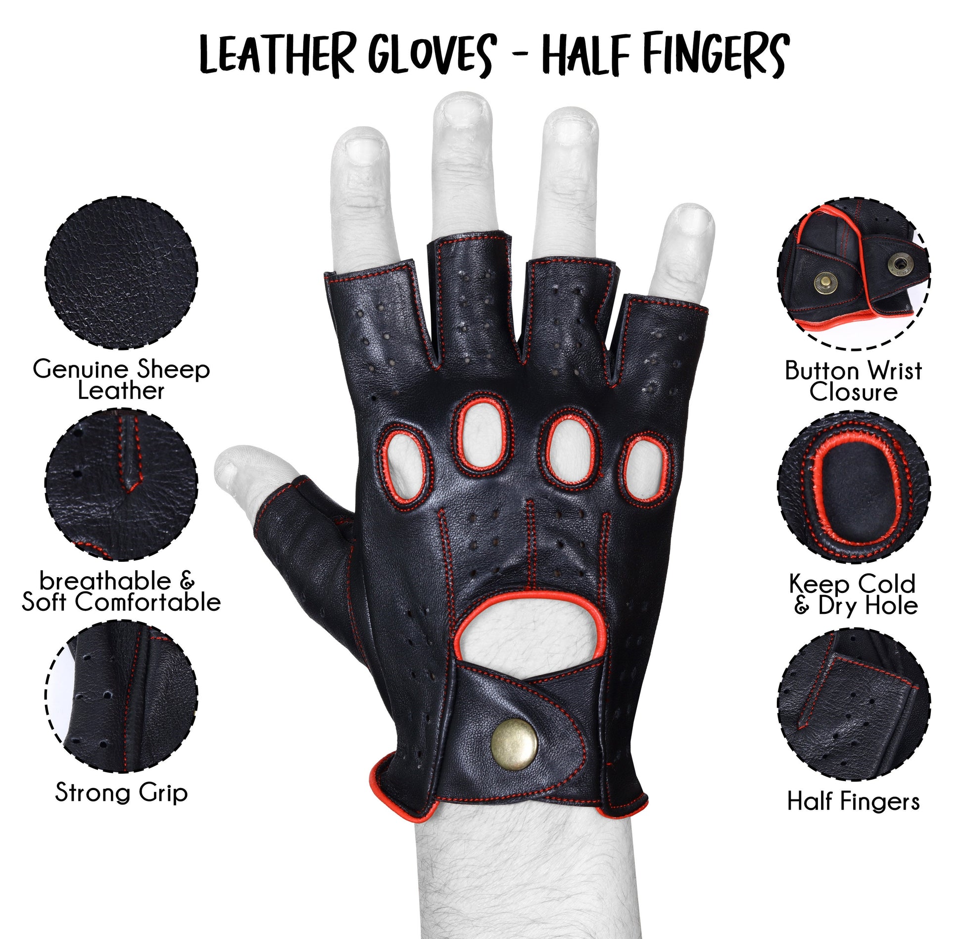 Black Red Half Finger Knuckle Driving Gloves Lambskin Leather Gloves