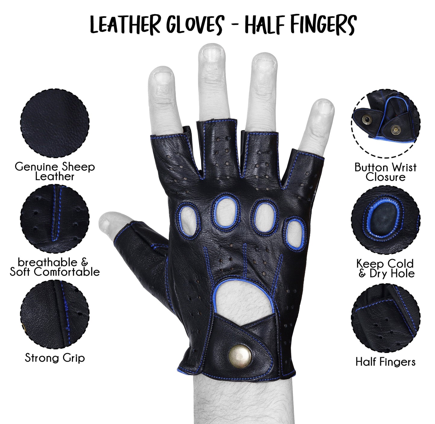 Black Blue Half Finger Knuckle Driving Gloves Lambskin Leather Gloves