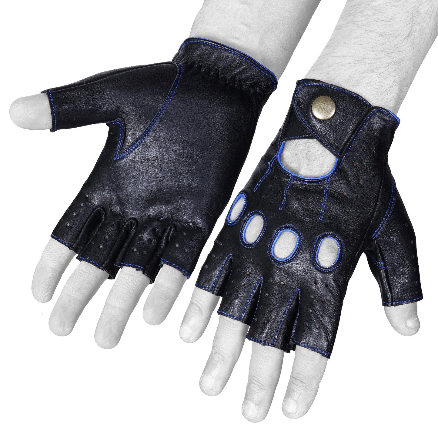 Black Blue Half Finger Knuckle Driving Gloves Lambskin Leather Gloves