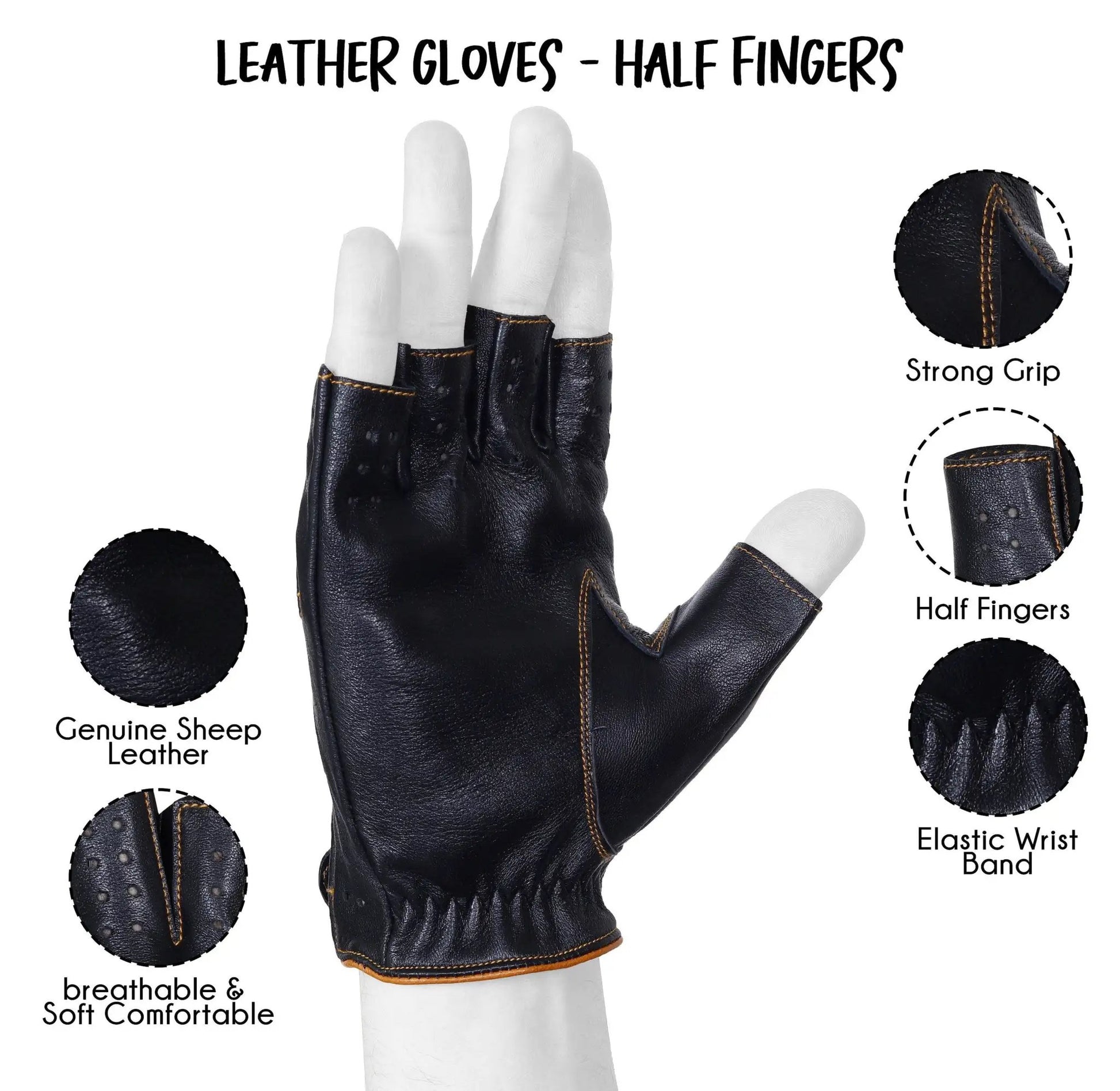 Black Brown Half Finger Lambskin leather Gloves