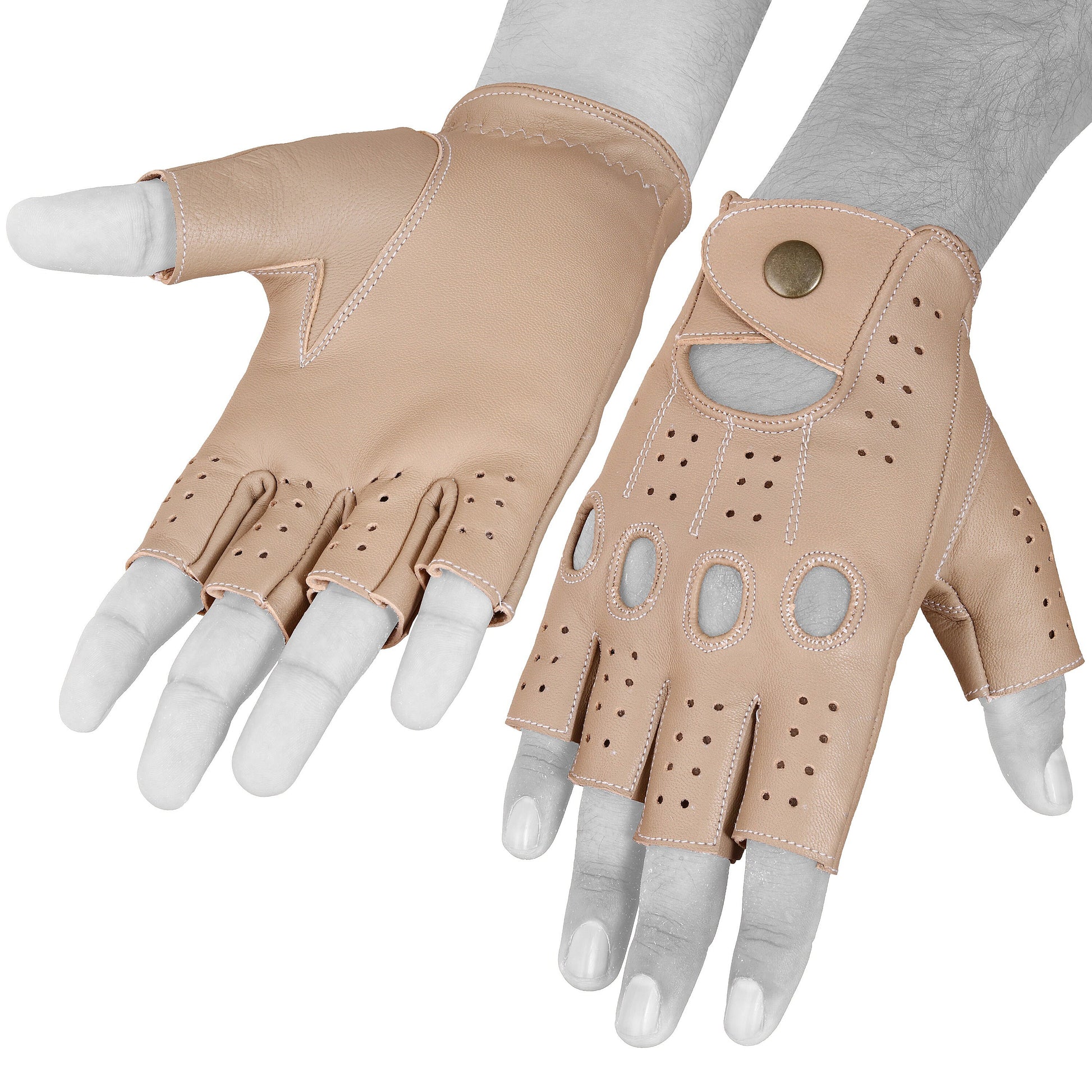 Beige Half Finger Lambskin Knuckle Leather Gloves