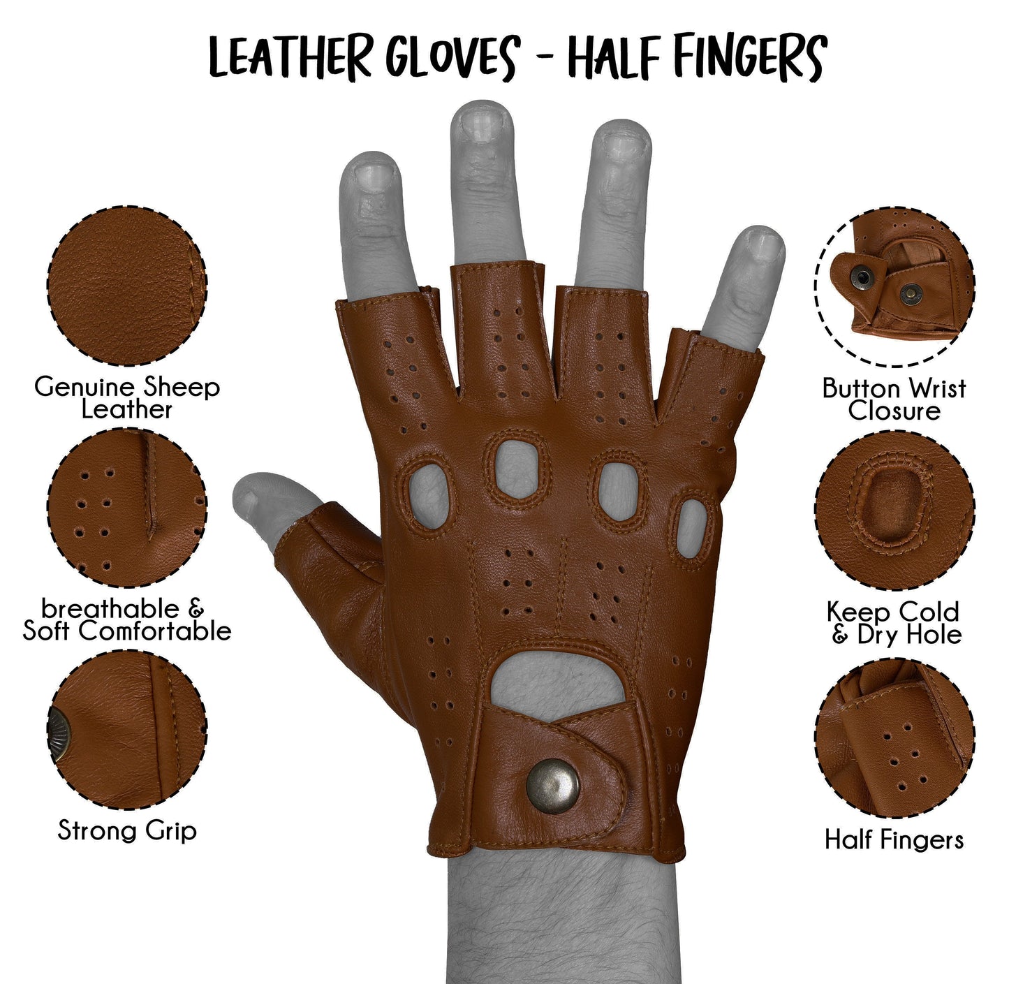 Dark Brown Half Finger Lambskin Leather Gloves