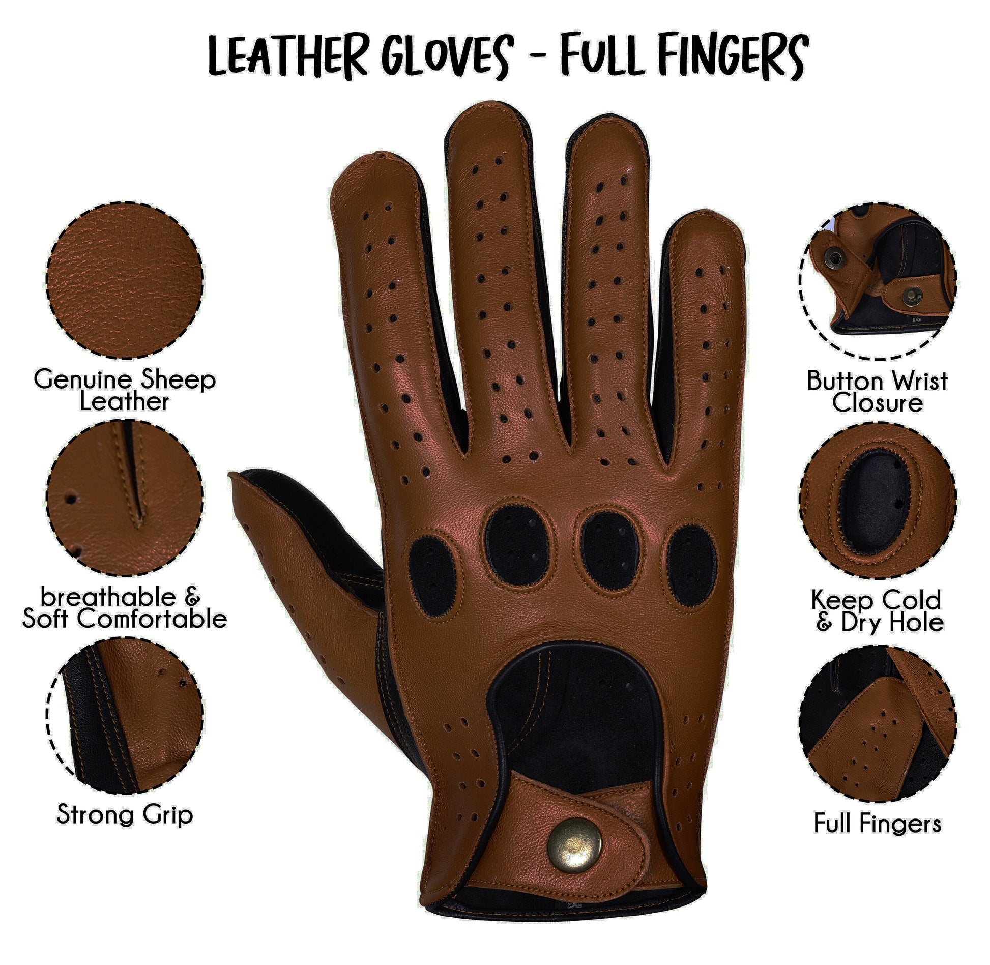 Brown Black Lambskin Knuckle Leather Gloves