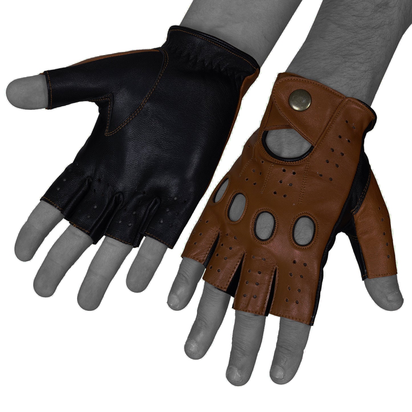 Black Brown Half Finger Lambskin Knuckle Leather Gloves